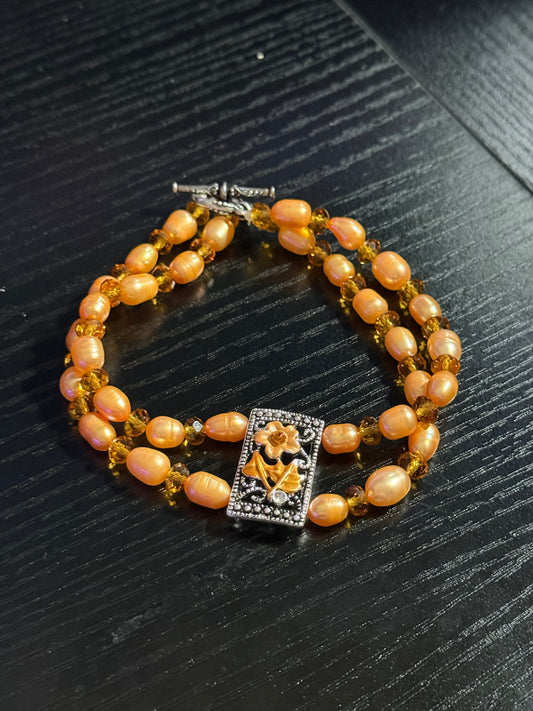 Orange Flower Freshwater Pearl Bracelet