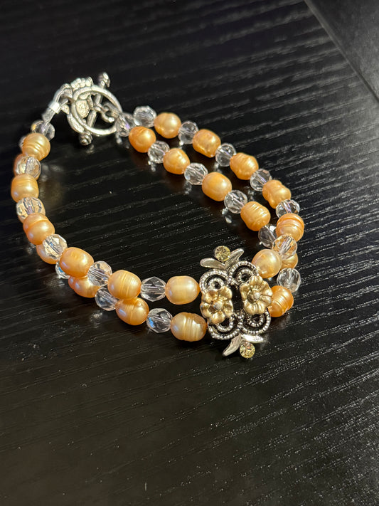 Orange Creme Flower Freshwater Pearl Bracelet