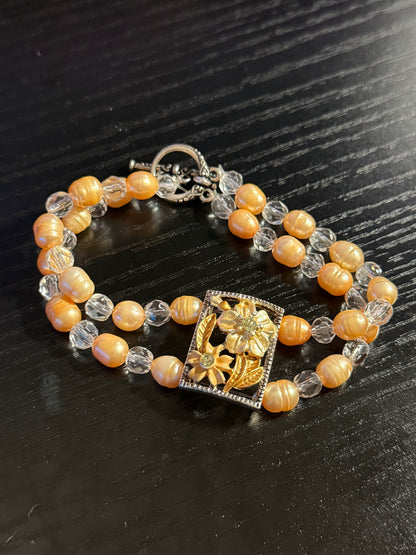 Orange Cream Twin Flower Freshwater Pearl Bracelet