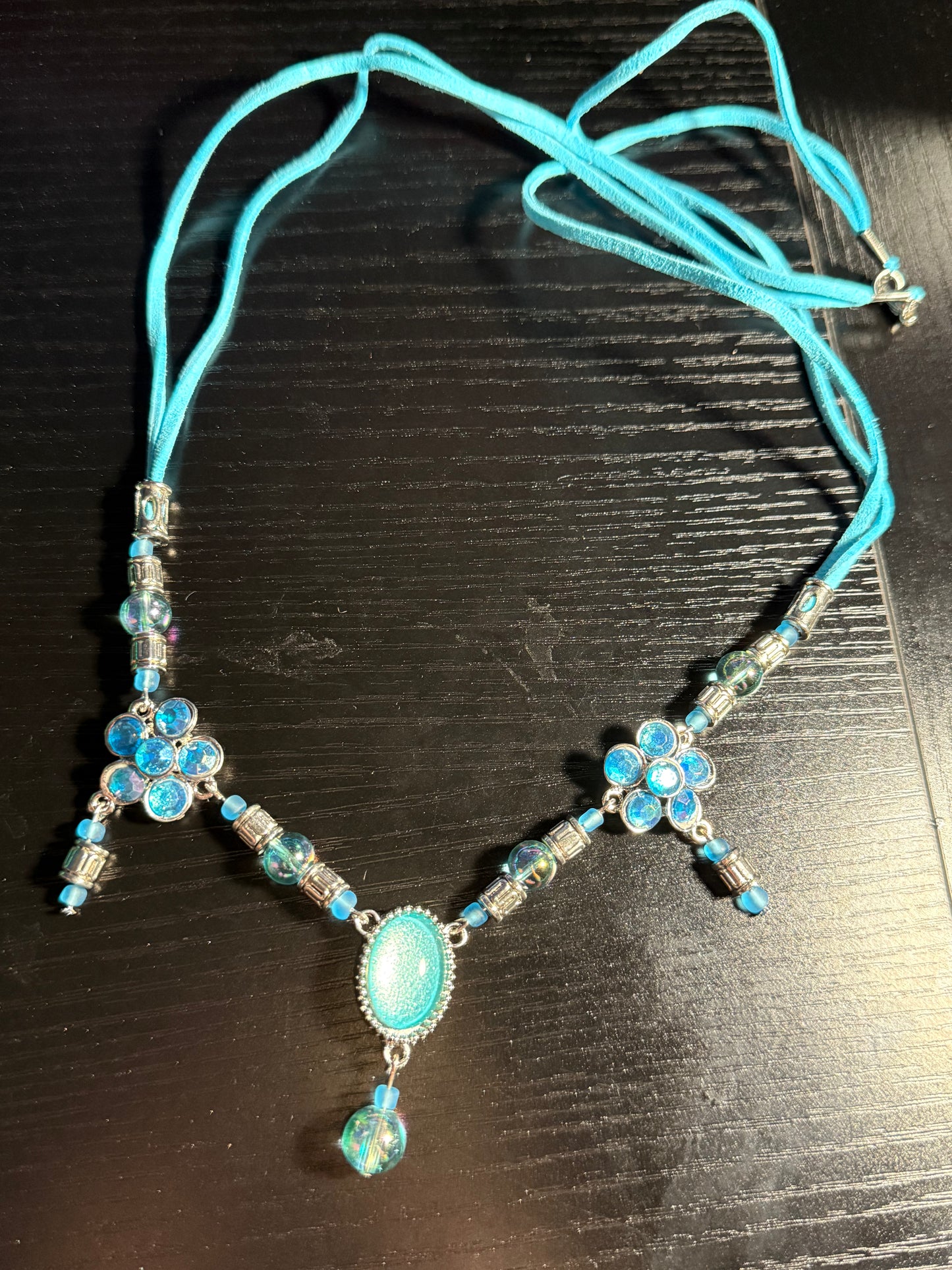 Blue and Silver Leather Cord Necklace and Earrings Set