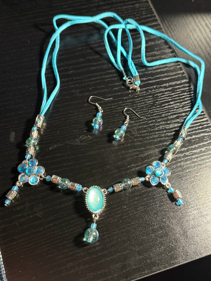 Blue and Silver Leather Cord Necklace and Earrings Set