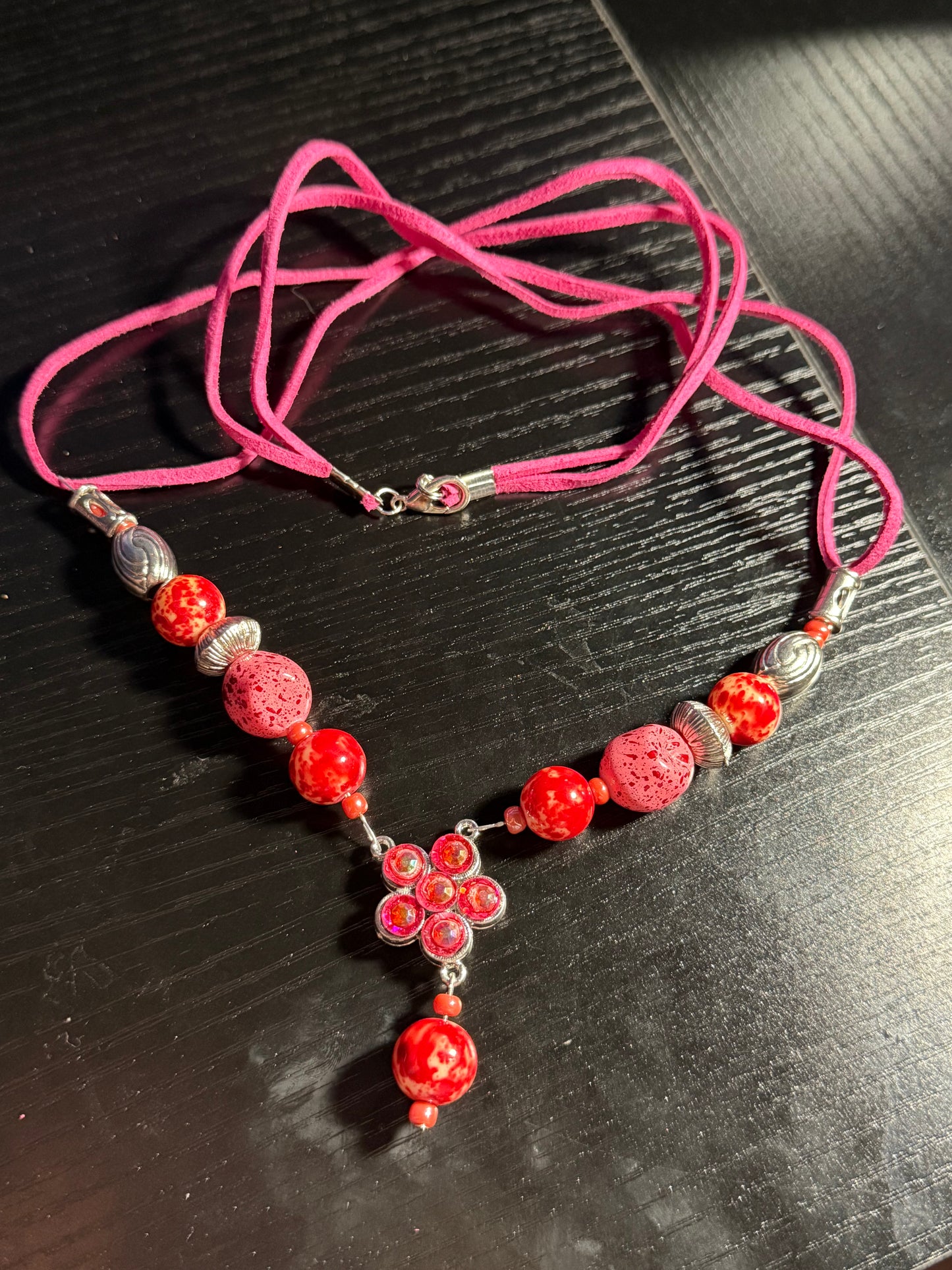 Red and Silver Leather Cord Necklace and Earrings Set