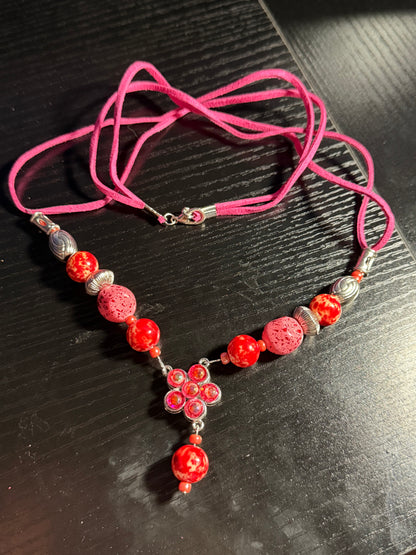 Red and Silver Leather Cord Necklace and Earrings Set