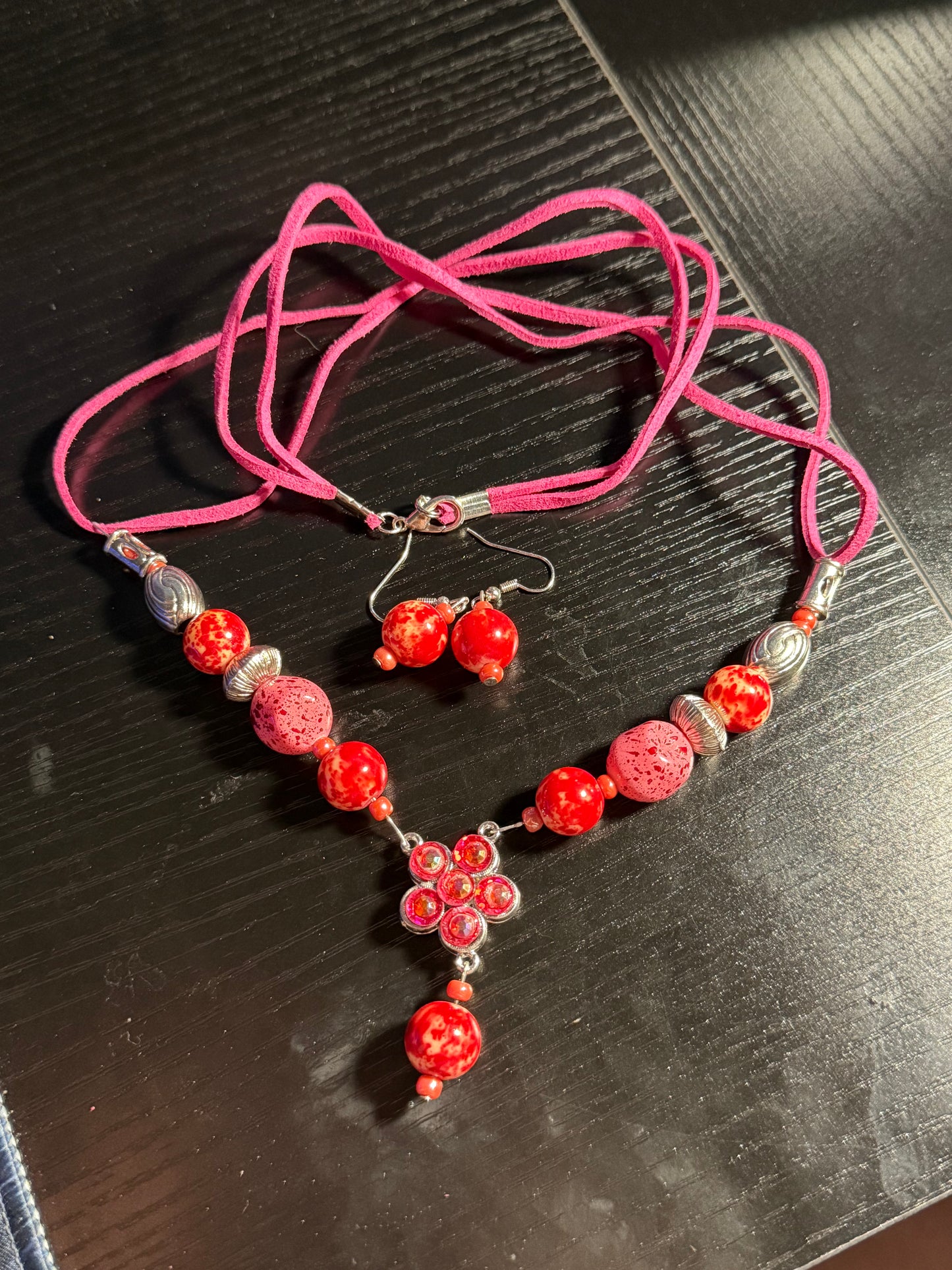 Red and Silver Leather Cord Necklace and Earrings Set