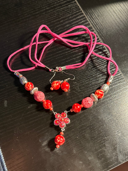 Red and Silver Leather Cord Necklace and Earrings Set