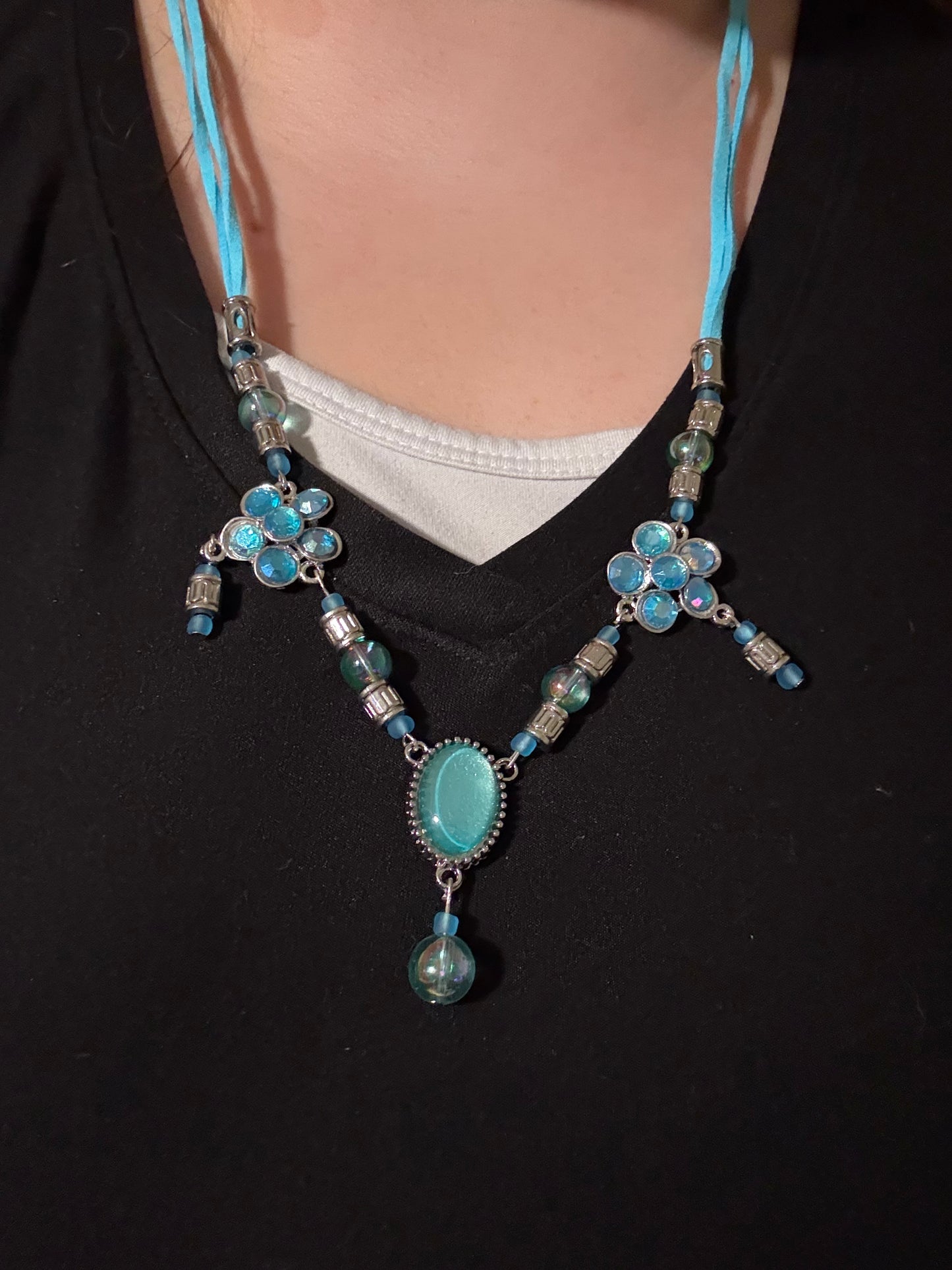 Blue and Silver Leather Cord Necklace and Earrings Set