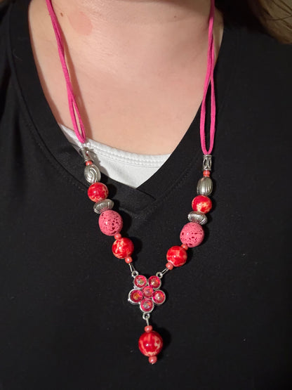 Red and Silver Leather Cord Necklace and Earrings Set